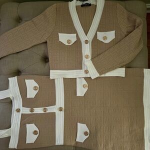 Beige and White Knit Jumper Mini Dress with Jacket